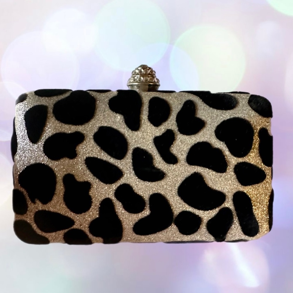 Silver glitter with black velvet leopard spots hard shell clutch